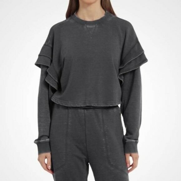7 For All Mankind Dark Grey Cropped Crewneck with Ruffles, L - Picture 1 of 10